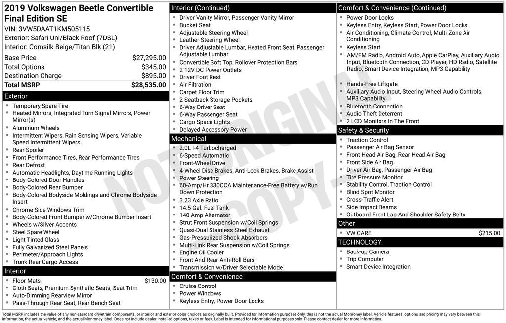 2019 Volkswagen Beetle Convertible 2.0T Final Edition SE