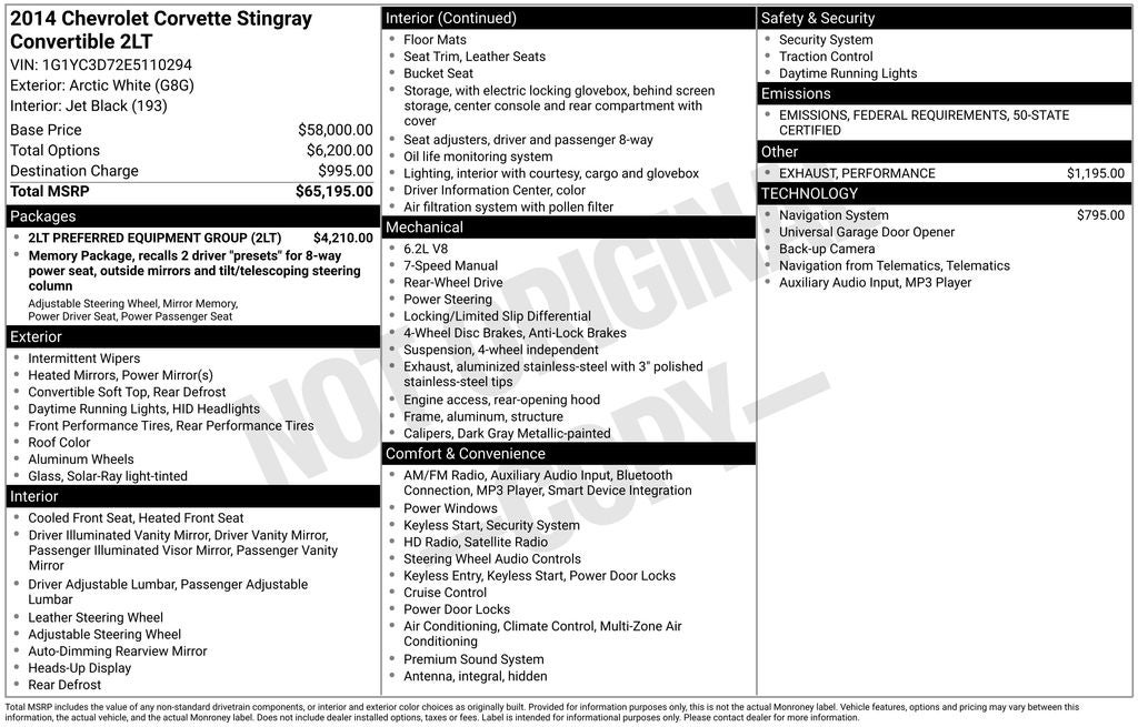 2014 Chevrolet Corvette Stingray Base 2LT