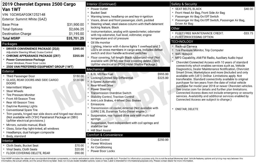 2019 Chevrolet Express 2500 Work Van Cargo