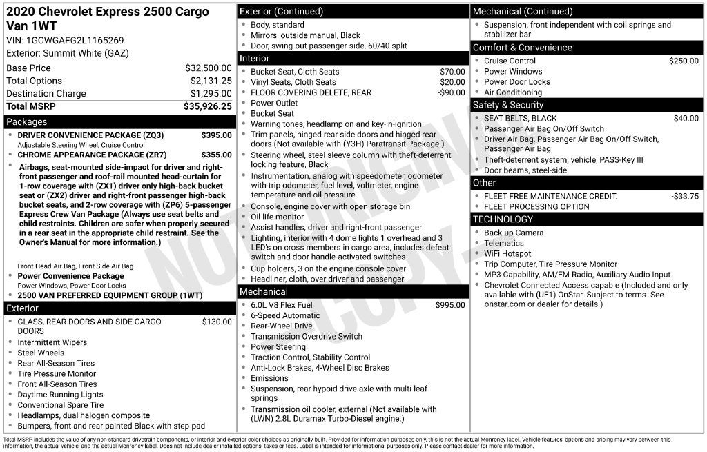 2020 Chevrolet Express 2500 Work Van Cargo