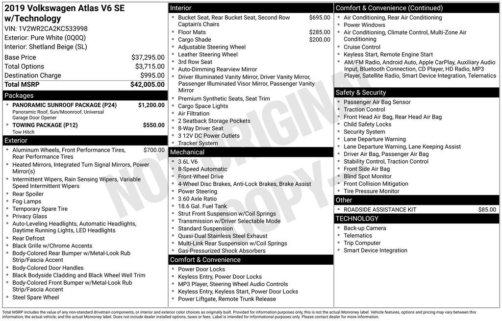 2019 Volkswagen Atlas 3.6L V6 SE w/Technology
