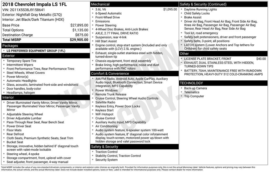 2018 Chevrolet Impala LS 1FL