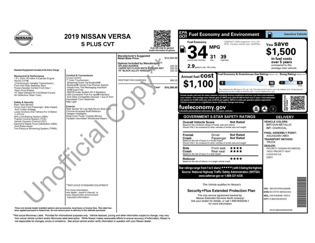 2019 Nissan Versa 1.6 S Plus