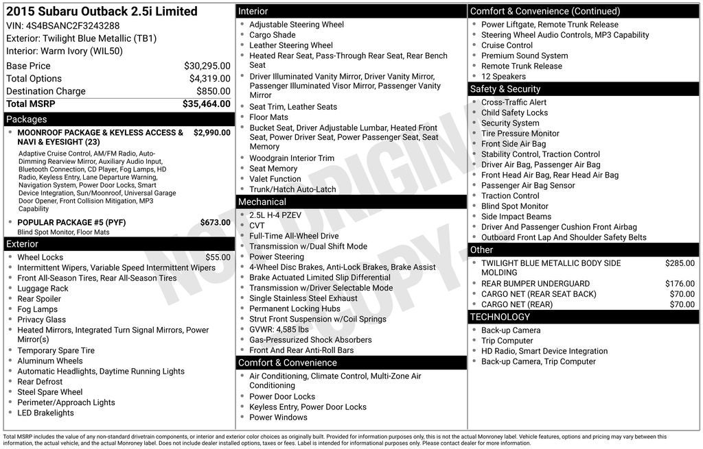 2015 Subaru Outback 2.5i Limited