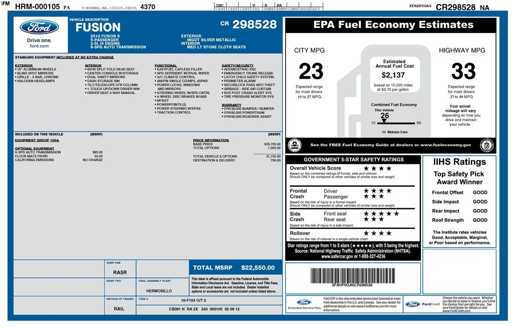 2012 Ford Fusion S
